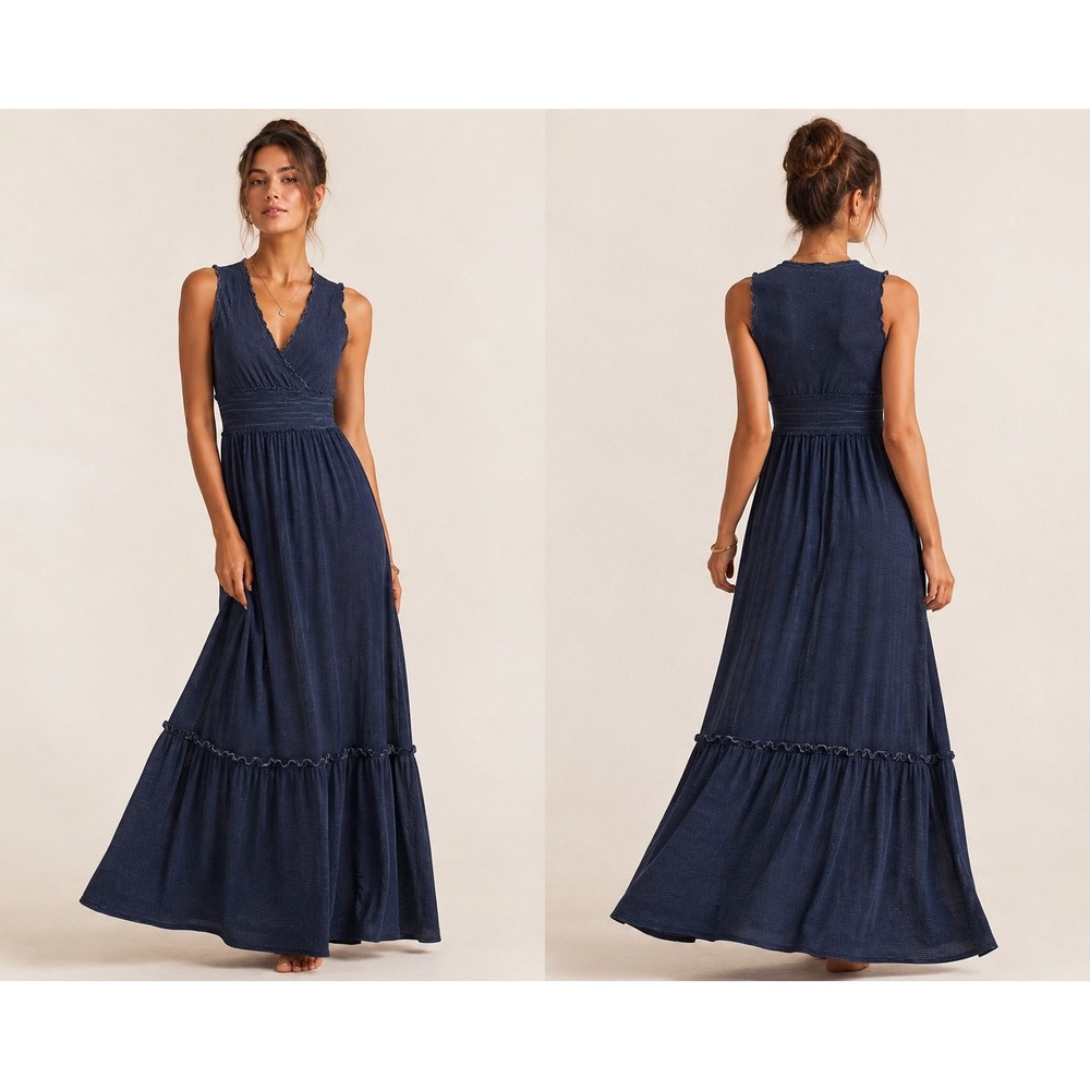 Max Studio Maxi Dress‎ Womens Small Navy Blue Striped Quiet Luxury